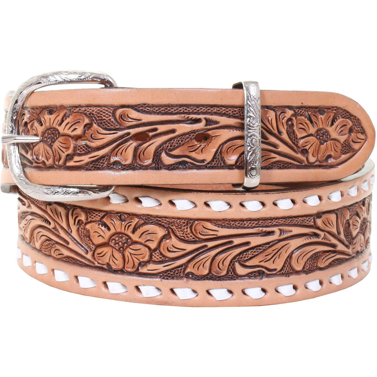 B063 - Floral Tooled Buckstitch Belt - Double J Saddlery display picture 2