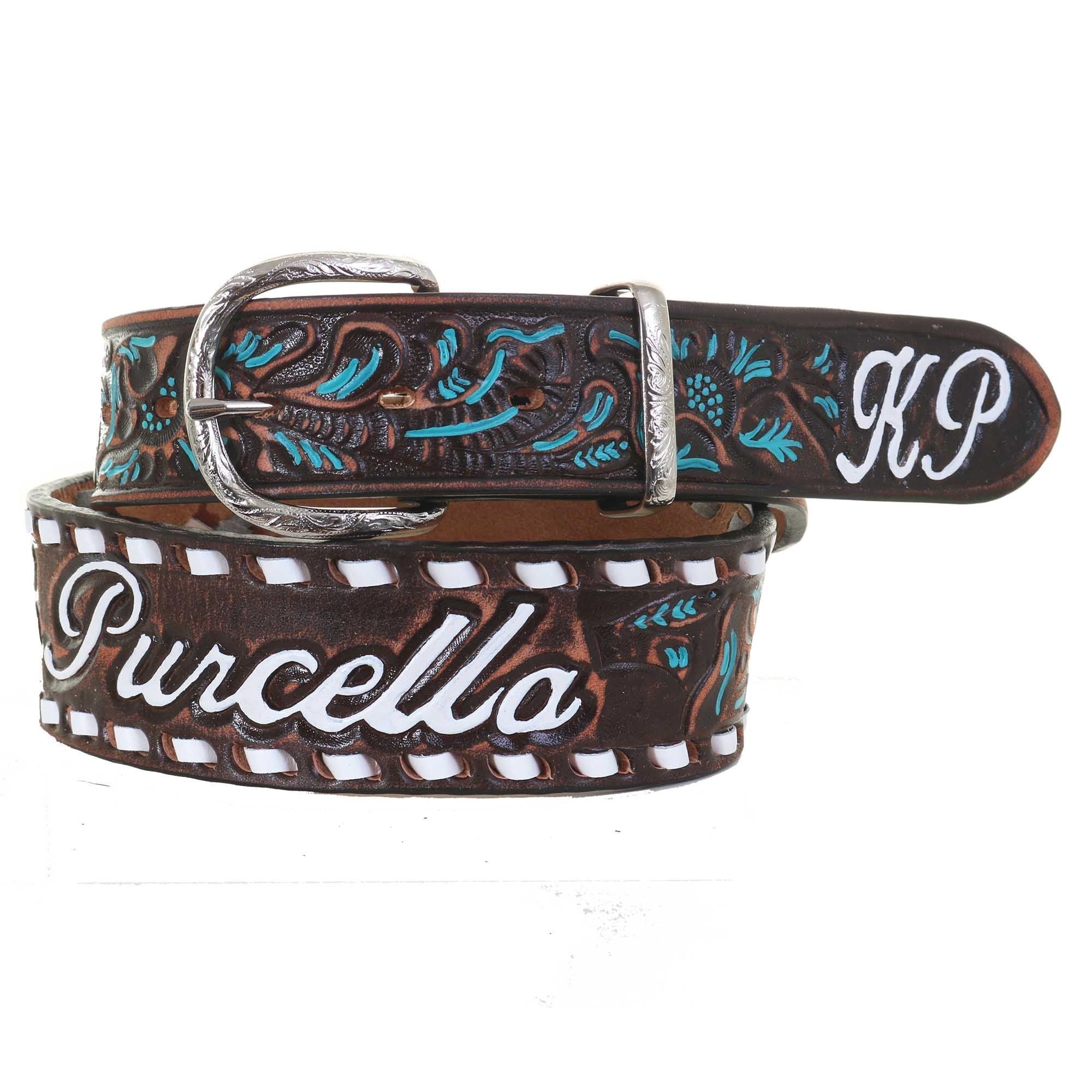 B086Sb - Brown Vintage Tooled Belt Belt