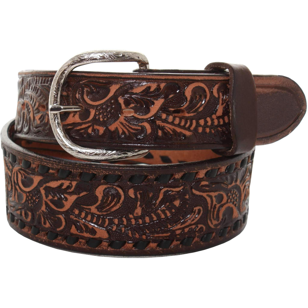 B086S - Brown Vintage Floral Tooled Buck Stitch Belt Belt
