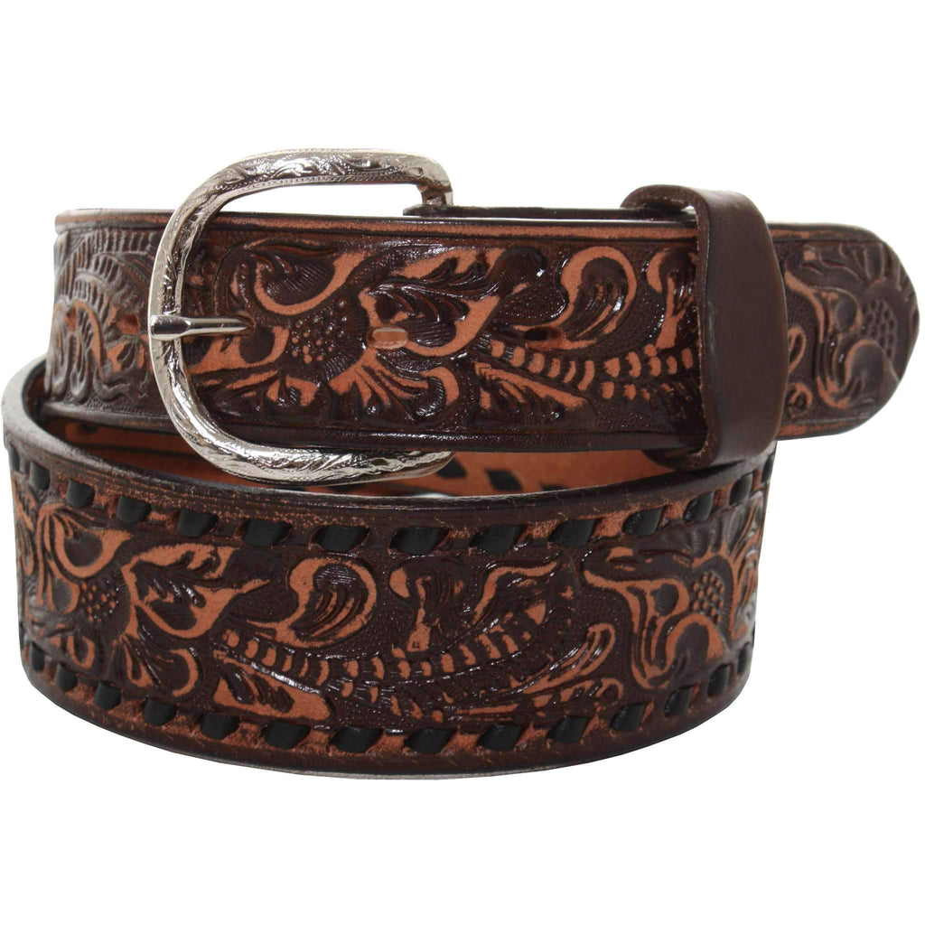 B086 - Brown Vintage Floral Tooled Buckstitch Belt Belt