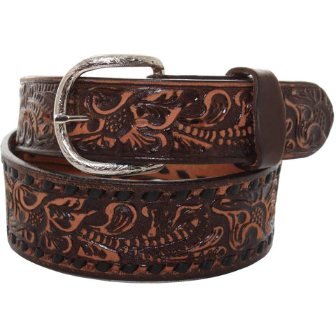 B086 - Brown Vintage Floral Tooled Buckstitch Belt Belt