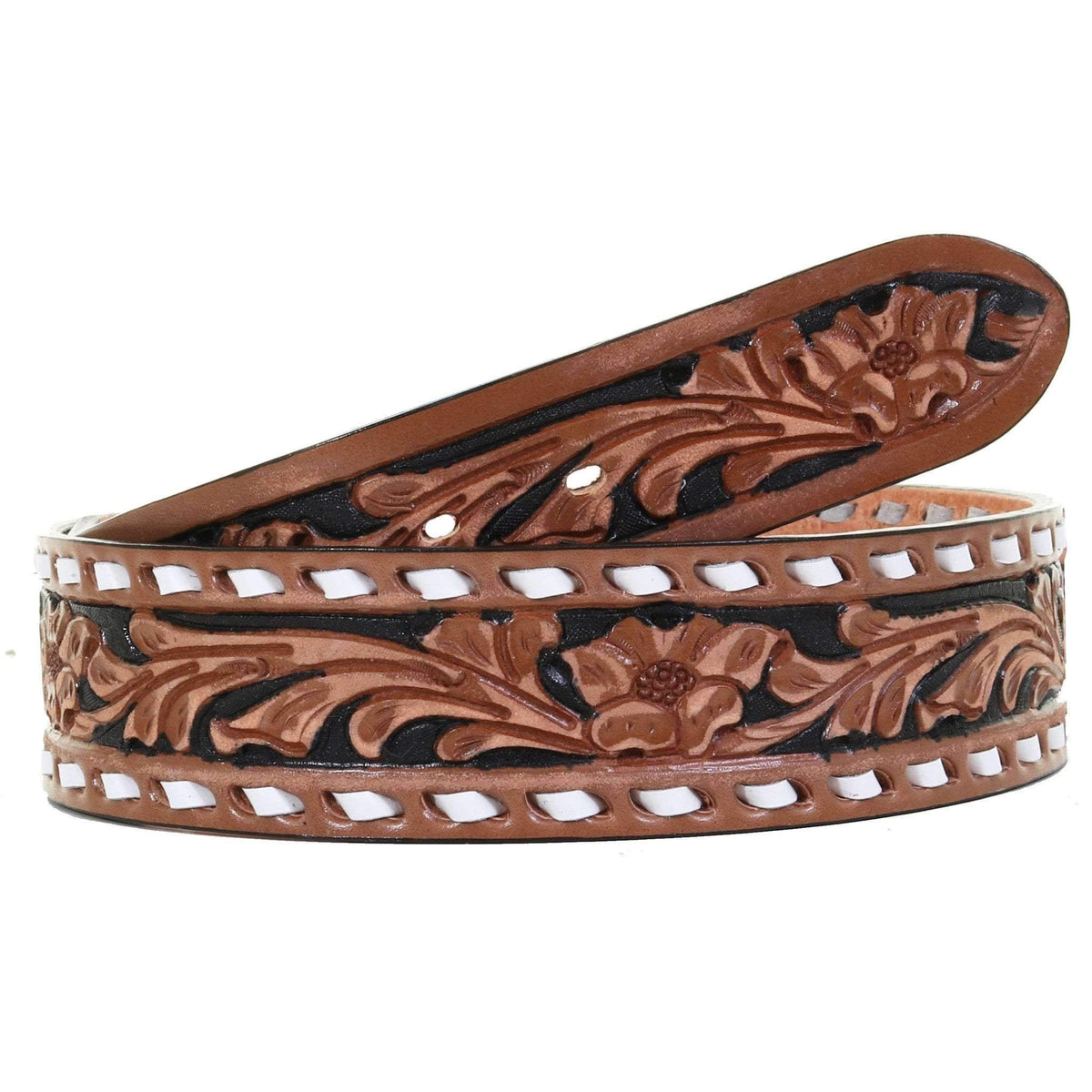 B1021 - Floral Tooled Buckstitch Belt - Double J Saddlery