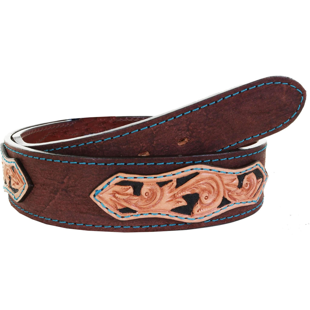 B1035 - Brown Rough Out Tooled Overlay Belt Belt