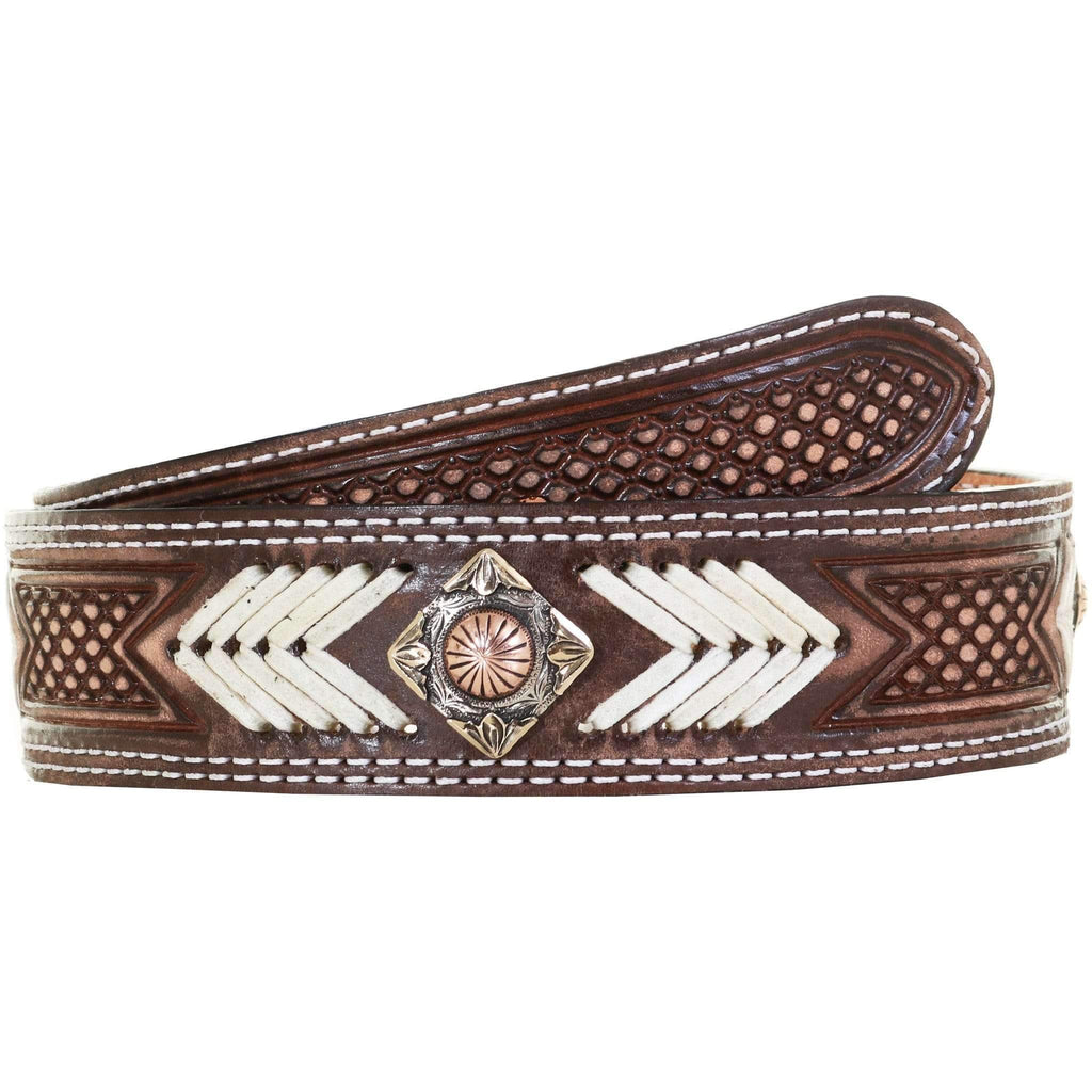 B1041A - Brown Vintage Tooled Rawhide Belt Belt