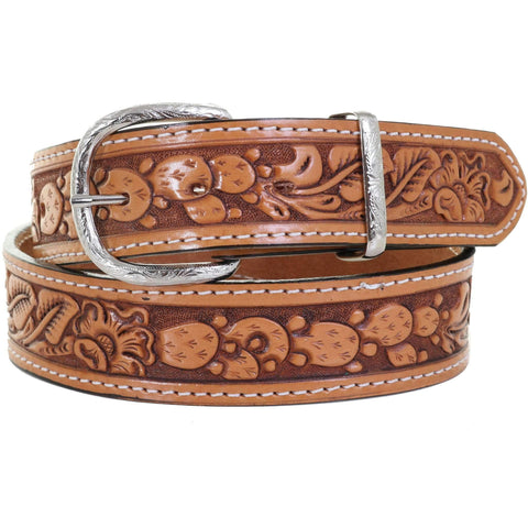 B1057 - Natural Floral/cactus Tooled Belt Belt