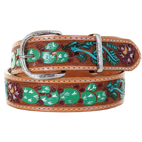 B1063 - Natural Floral/cactus Painted Tooled Belt Belt