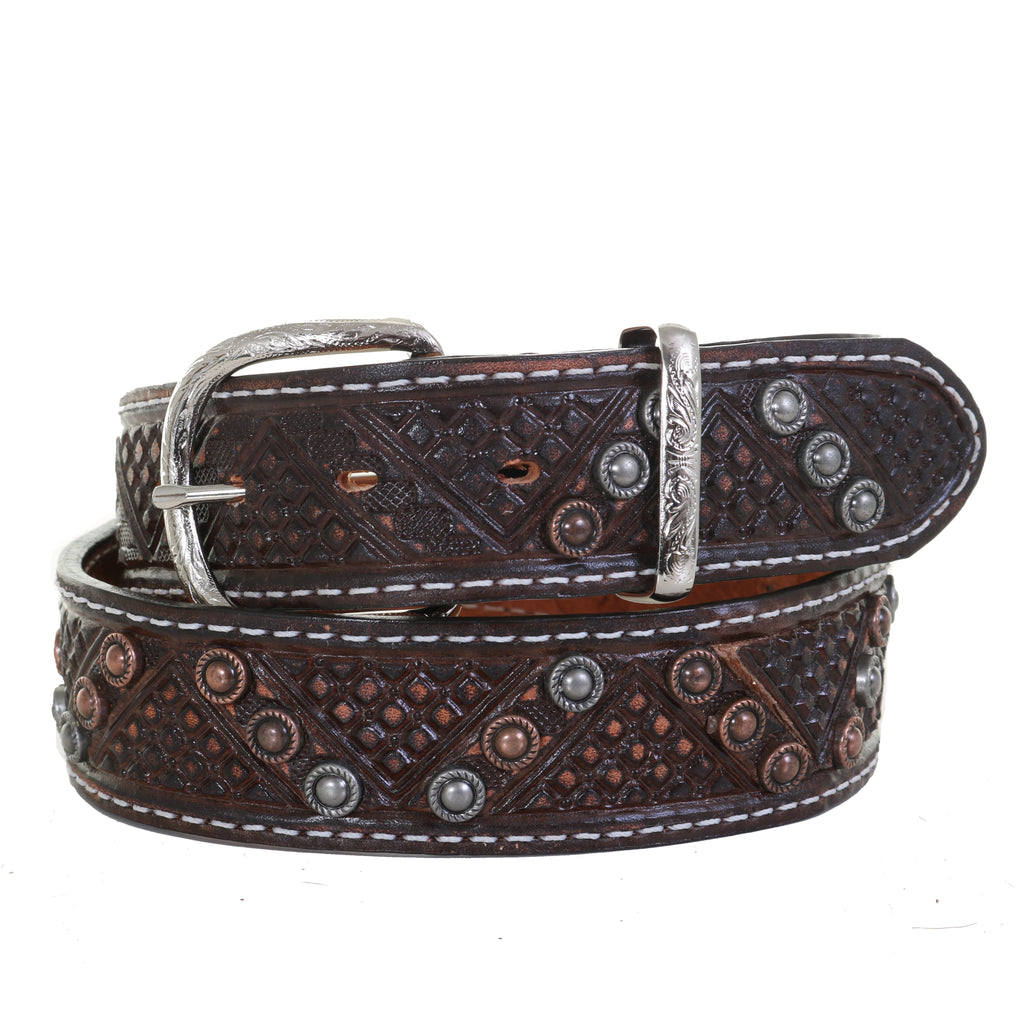 B1083A - Brown Vintage Tooled And Studded Belt Belt