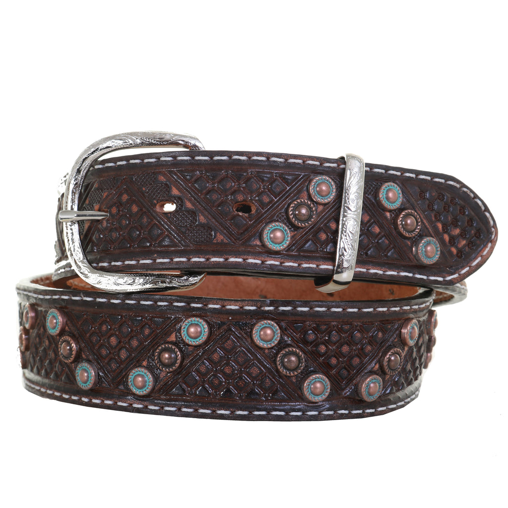 B1083 - Brown Vintage Tooled And Studded Belt Belt