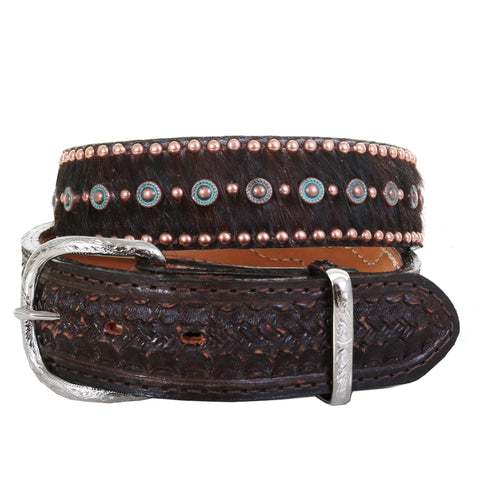 B1087A - Brindle Hair Tooled And Studded Belt Belt