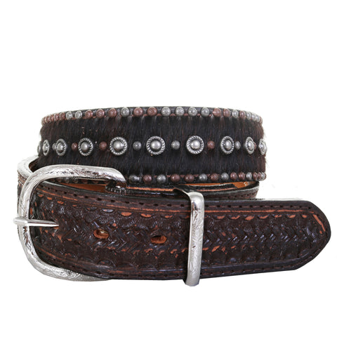 B1087 - Brindle Hair Tooled And Studded Belt Belt