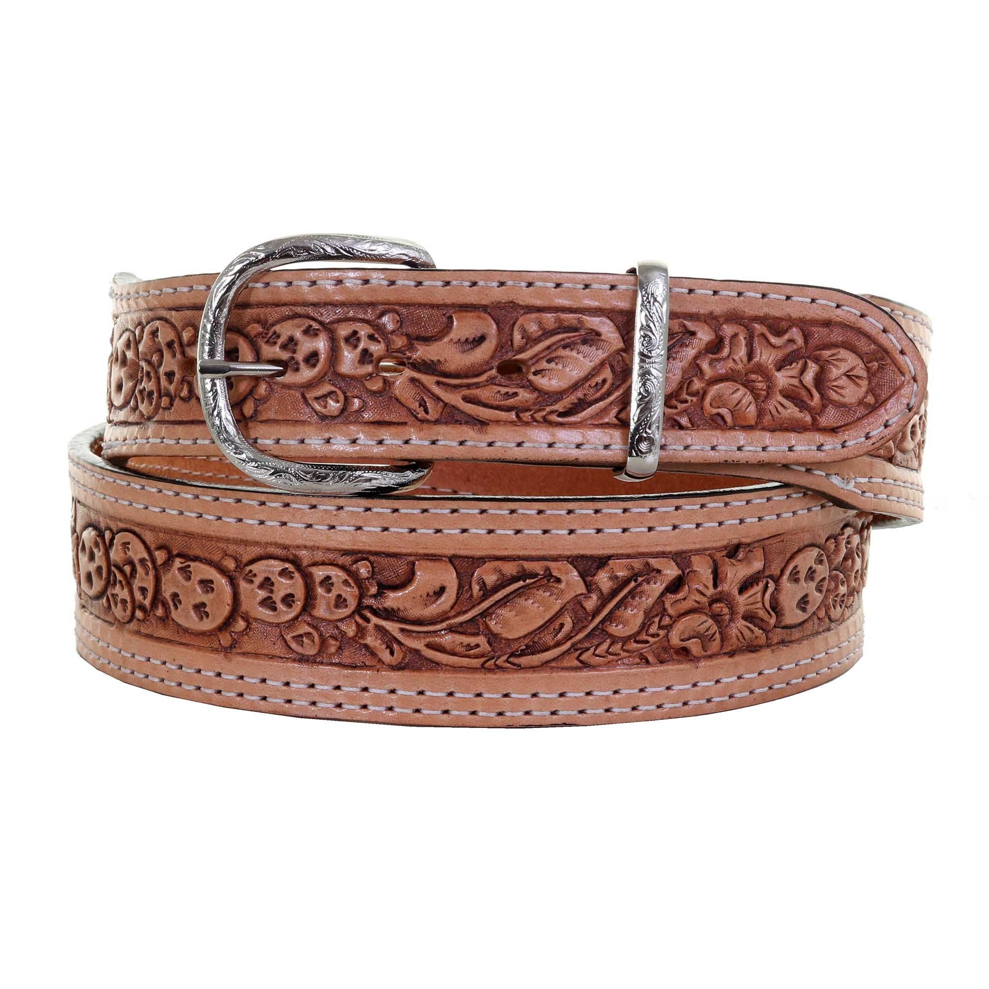 B1090 - Natural Floral/cactus Tooled Belt Belt