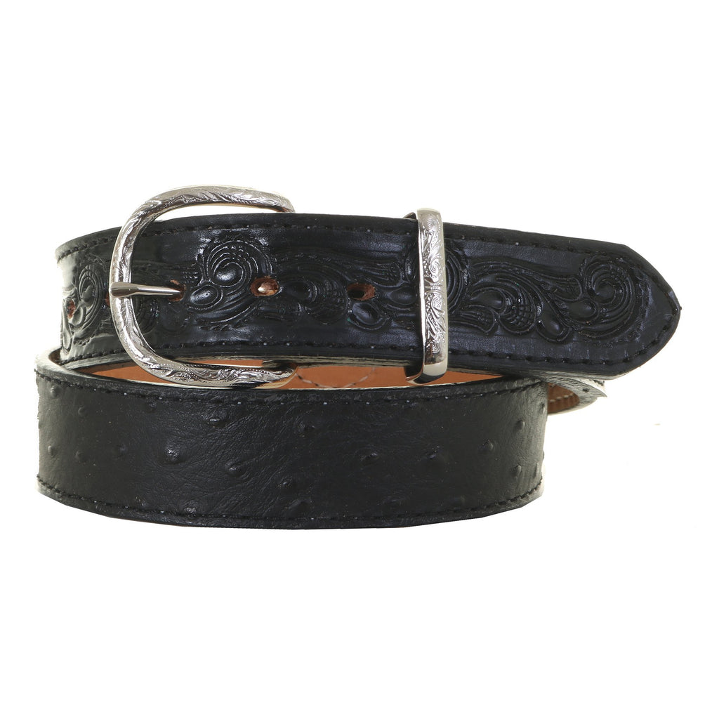 B1118 - Black Vintage Ostrich and Tooled Leather Belt - Double J Saddlery