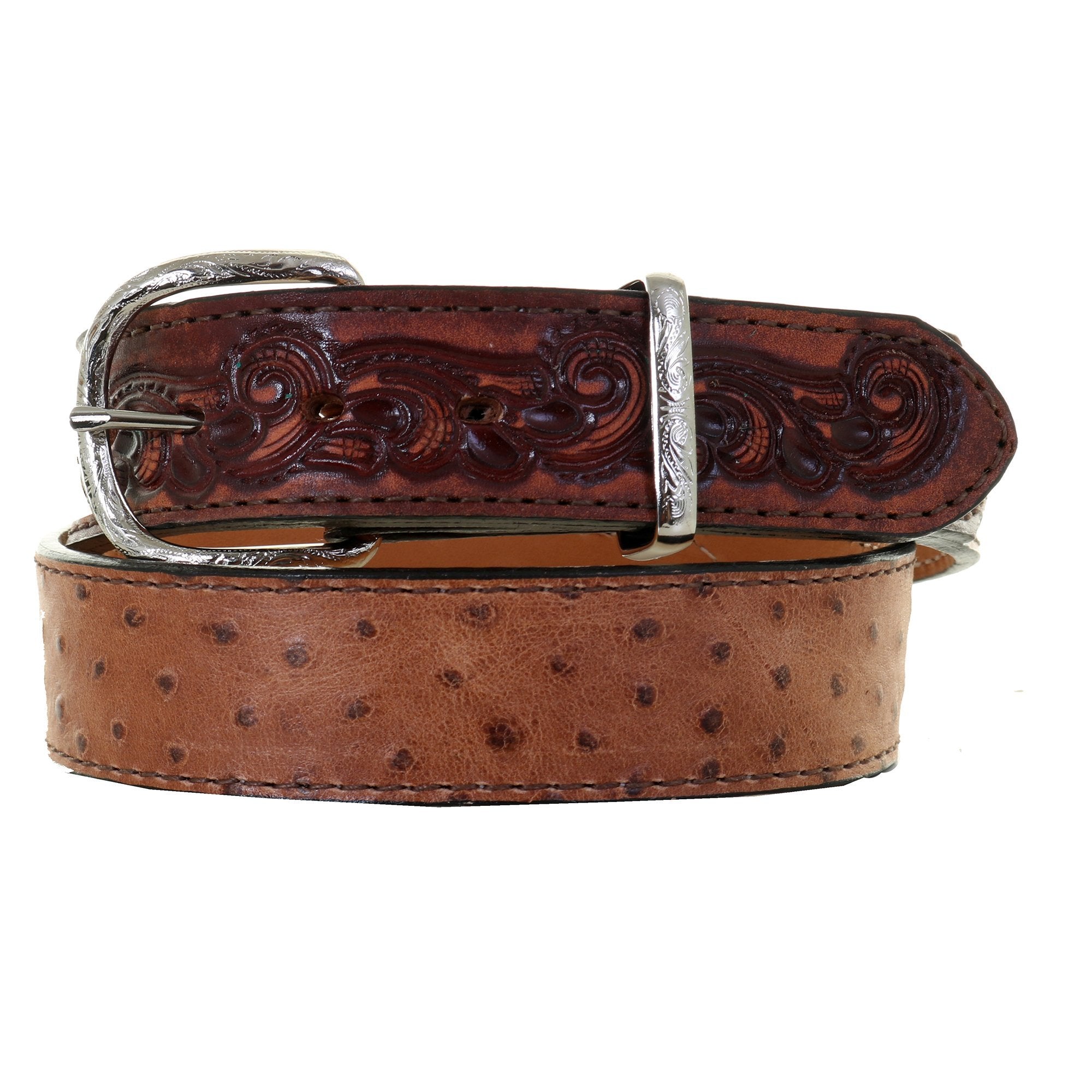 B1120 - Cognac Vintage Ostrich and Tooled Leather Belt - Double J Saddlery