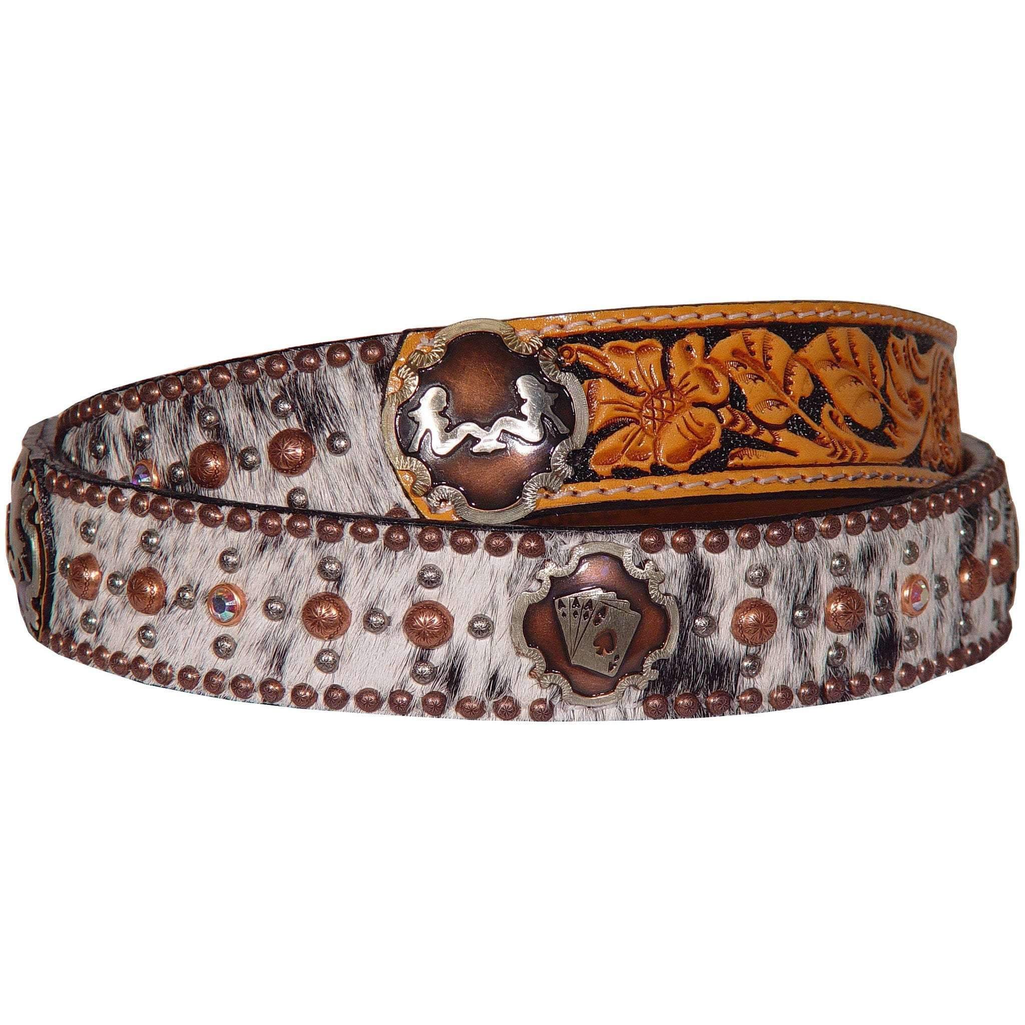 B154 - Roan Hair and Floral Tooled Belt - Double J Saddlery