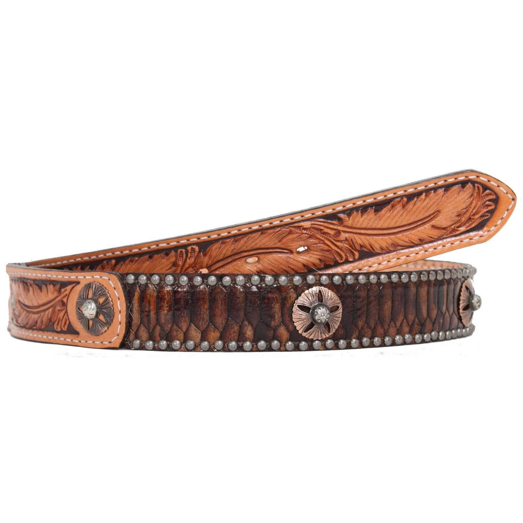 CLEARANCE - Brown Snake Feather Tooled Belt - B168 - Double J Saddlery