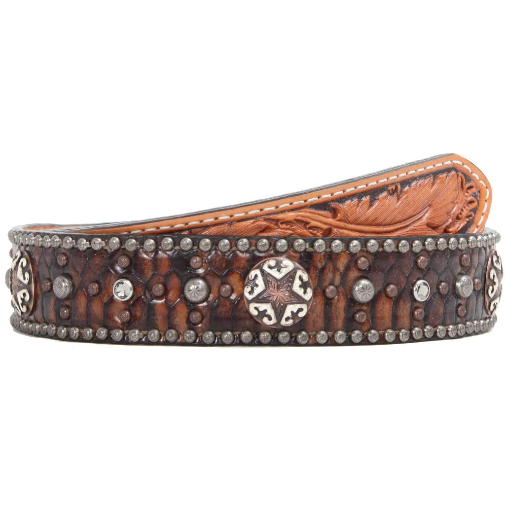 B175 - Brown Snake Print And Feather Tooled Belt Belt
