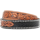 B198 - Black Gator Print And Floral Tooled Belt Belt