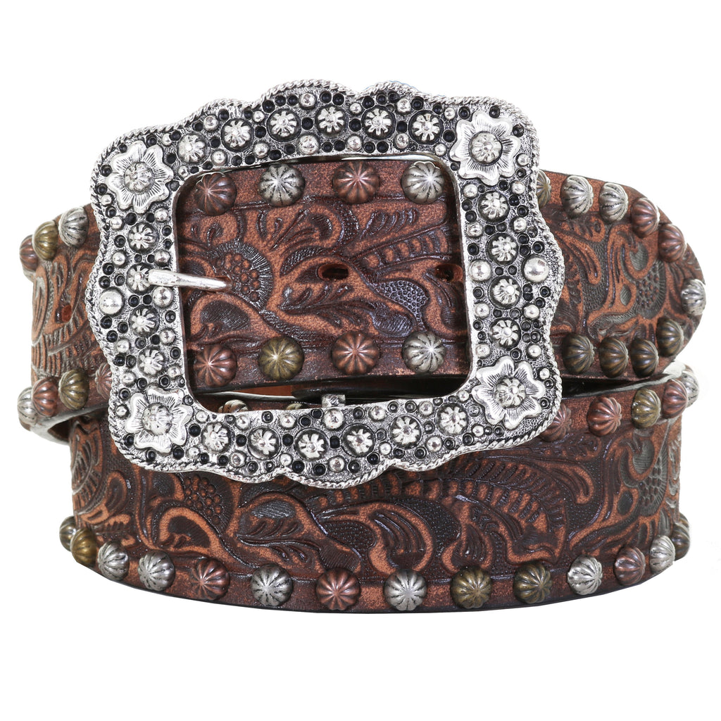 Clearance - Brown Vintage Floral Leather Belt - B299A Clearance