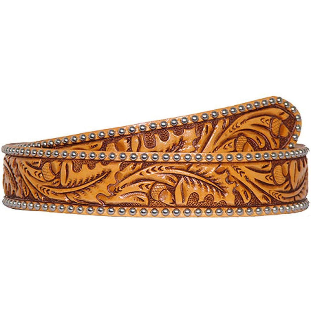B342 - Natural Leather Acorn Tooled Studded Belt Belt
