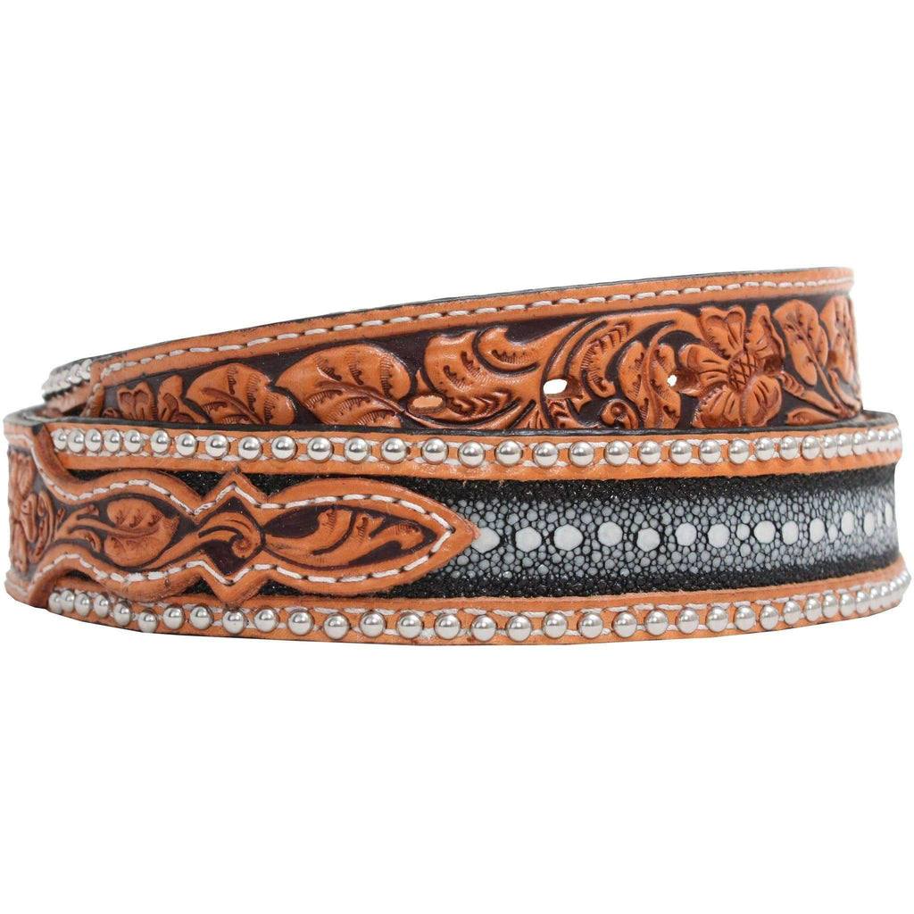 Clearance - Genuine Stingray And Floral Tooled Belt B444