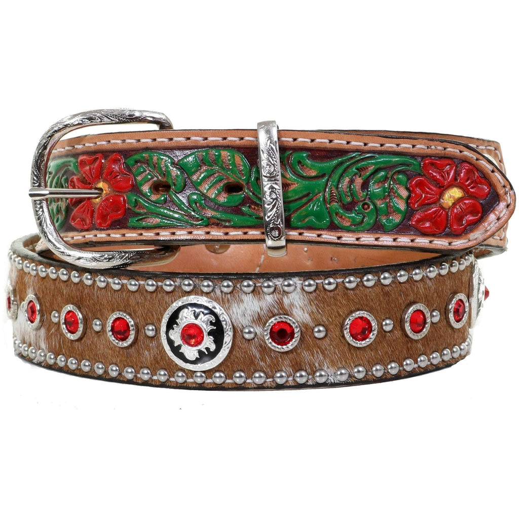 B488 - Roan Hair And Tooled Painted Ends Belt Belt
