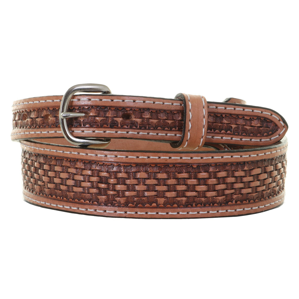 Ladies Basket-Weave Tooled Leather Belt with Silver Buckle