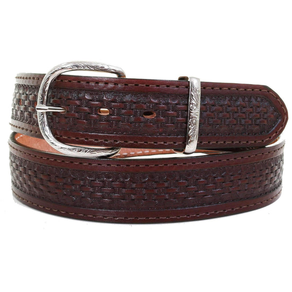 B622 - Cognac Basket Weave Tooled Belt - Double J Saddlery B622 - Cognac Basket Weave Tooled Belt - Double J Saddlery