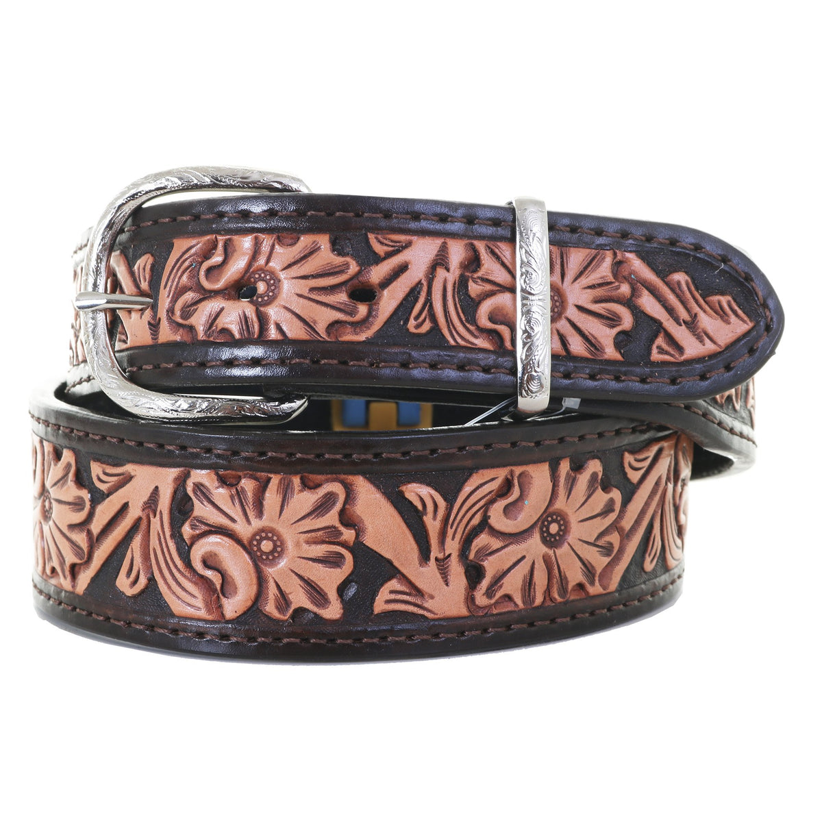Fossil Genuine Leather Belt, Dark Brown Tooled Floral, Size S Fossil Womens Belt Brown Leather Tooled Floral Silver Belt  main image 3