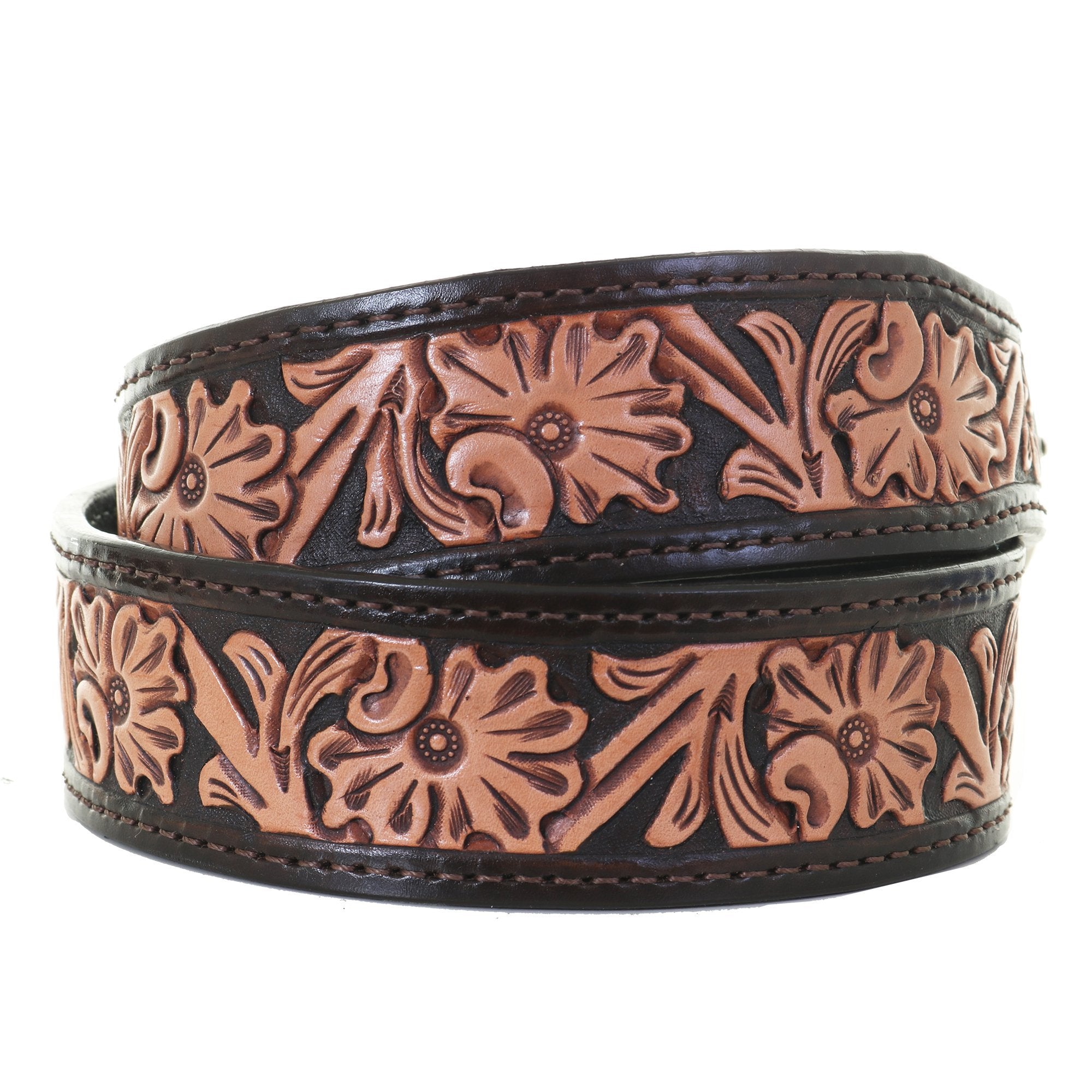 Western Brass/Patina Buckle Vintage Tooled Floral Belt - Tan – La De Da