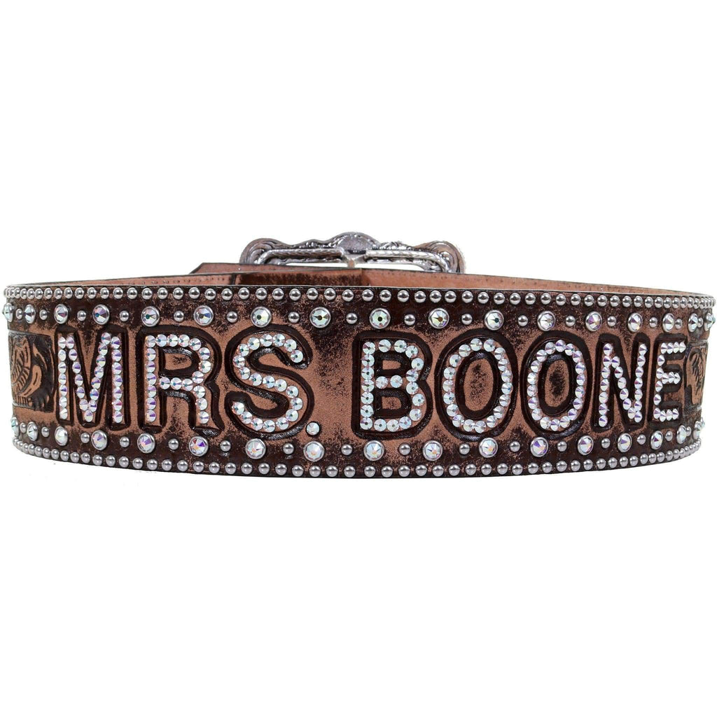 B748 - Brown Vintage Crystal Name Belt Belt