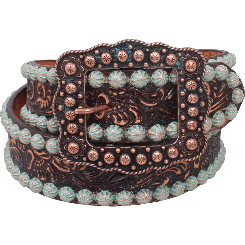 B759 - Brown Vintage Tooled Belt Belt