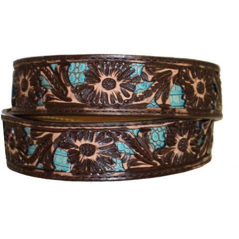 B762 - Brown Vintage Floral Tooled Inlayed Belt Belt