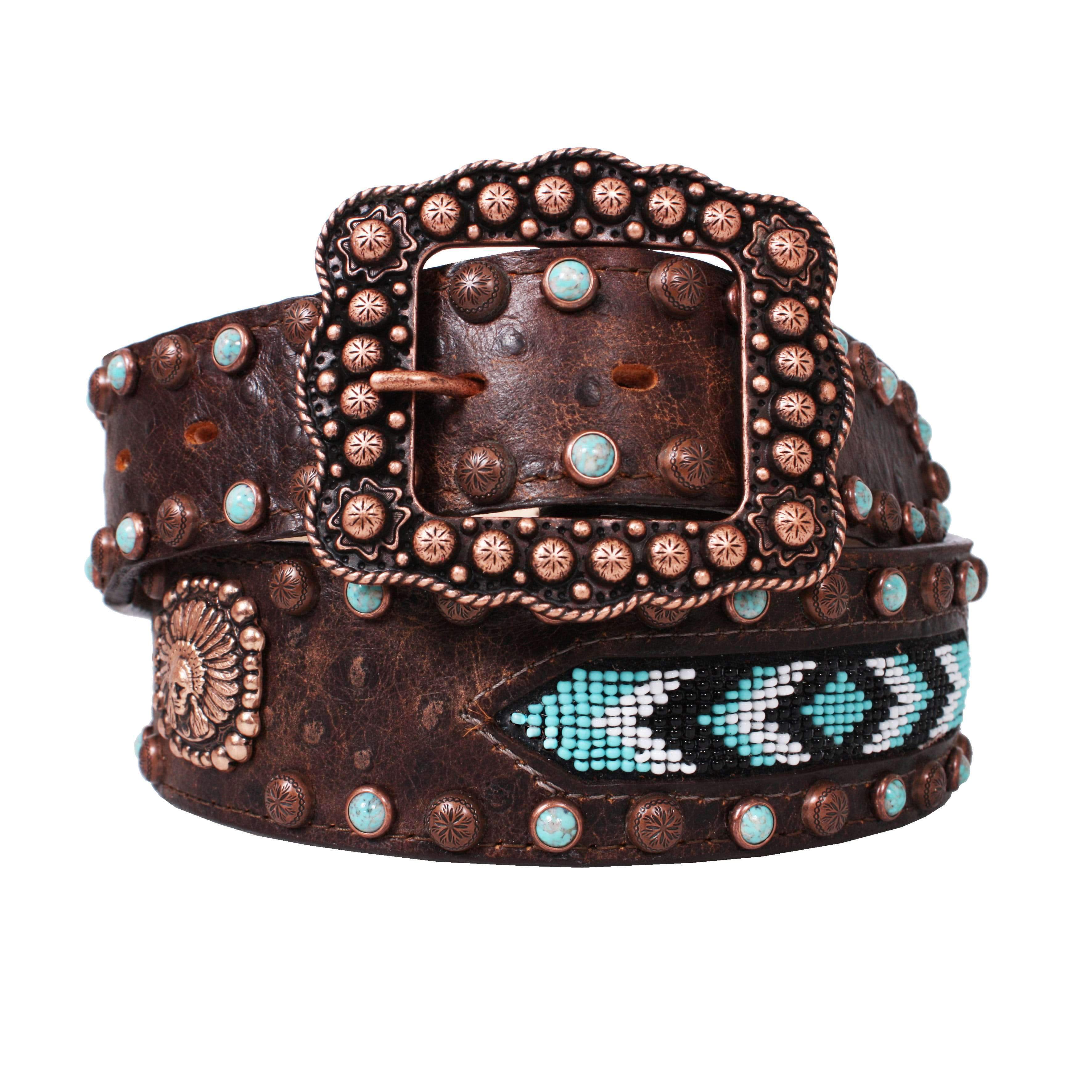 B780 - Brown Distressed Ostrich Print Beaded Belt Belt