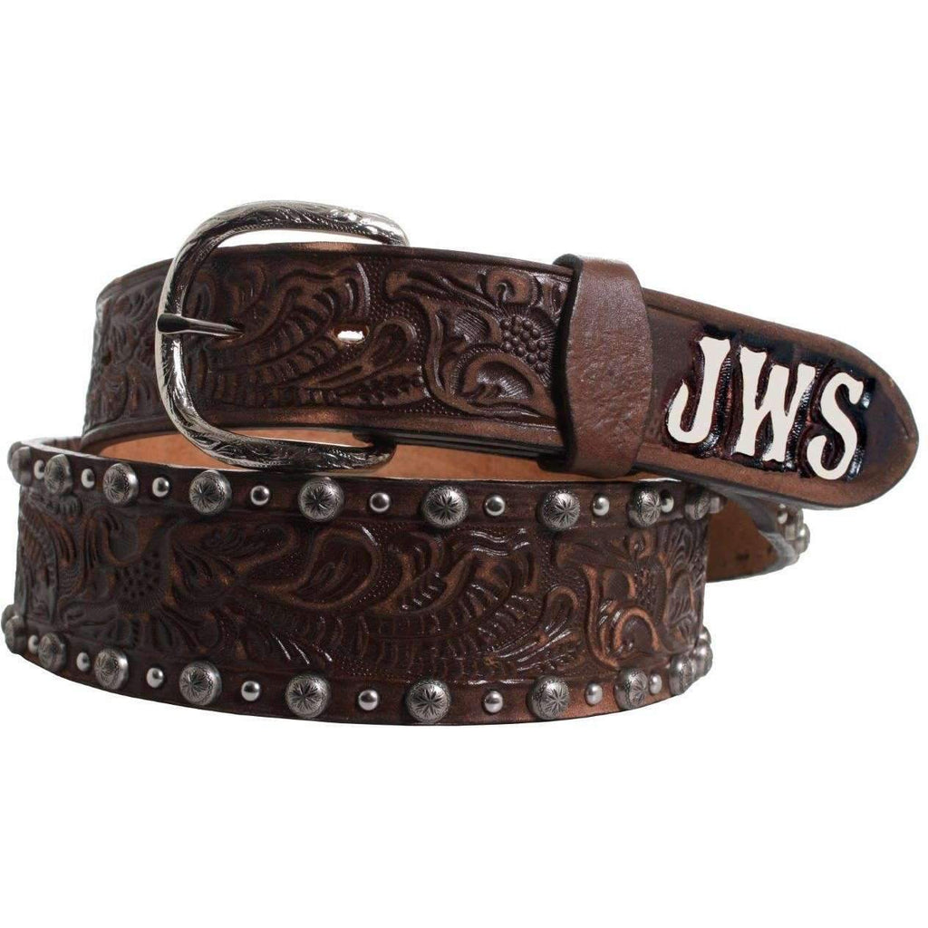 B824S - Tapered Brown Vintage Floral Tooled Belt With Initials Belt