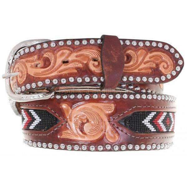 B846A - Cognac Leather Beaded Inlay Belt Belt