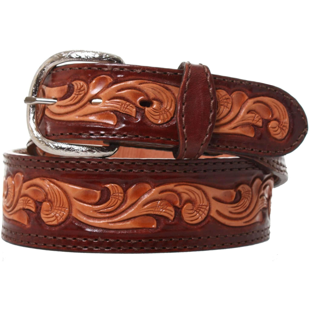 B855 - Cognac Leather Tooled Belt Belt