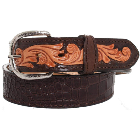 B862 - Brown Crocodile Print Tooled Belt Belt