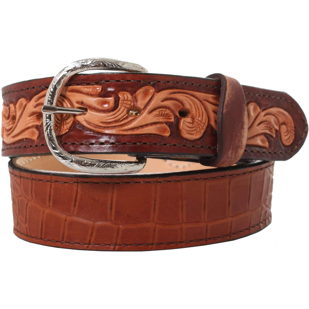 B863 - Cognac Crocodile Print Tooled Belt Belt