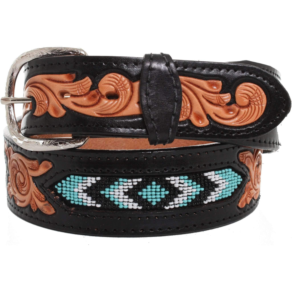 B864 - Black Beaded And Tooled Belt Belt