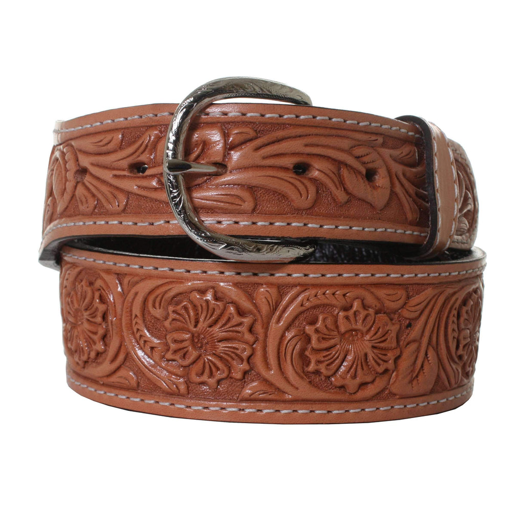 B876 - Natural Leather Floral Tooled Belt Belt