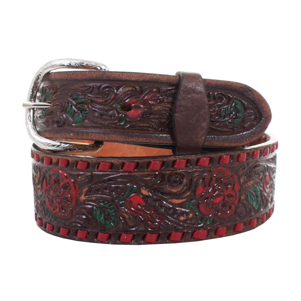 B878 - Brown Vintage Painted Tooled Belt Belt