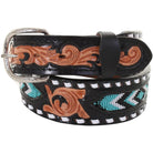 B915 - Black Beaded And Tooled Belt Belt