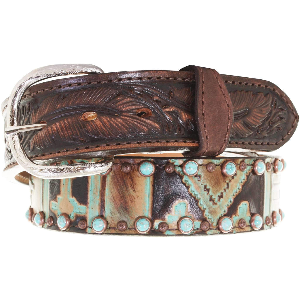 B921 - Navajo Turquoise/brown And Feather Tooled Belt Belt