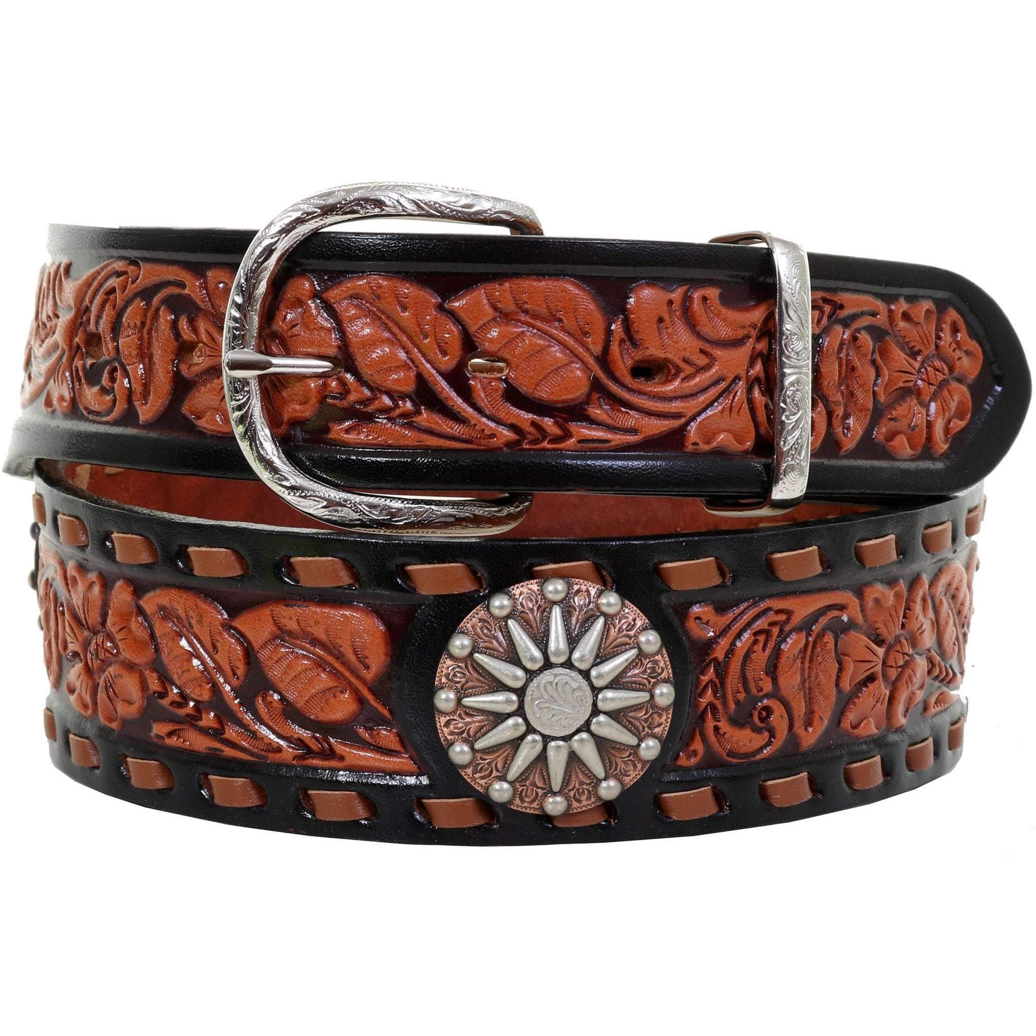 B927C - Black And Chestnut Floral Tooled Belt Belt