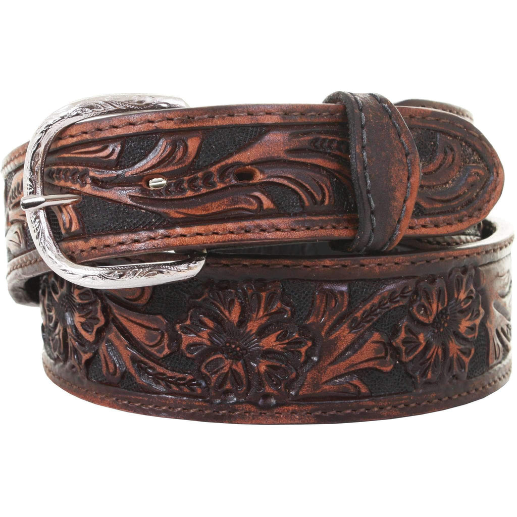 B929- Brown Vintage Floral Tooled Belt Belt