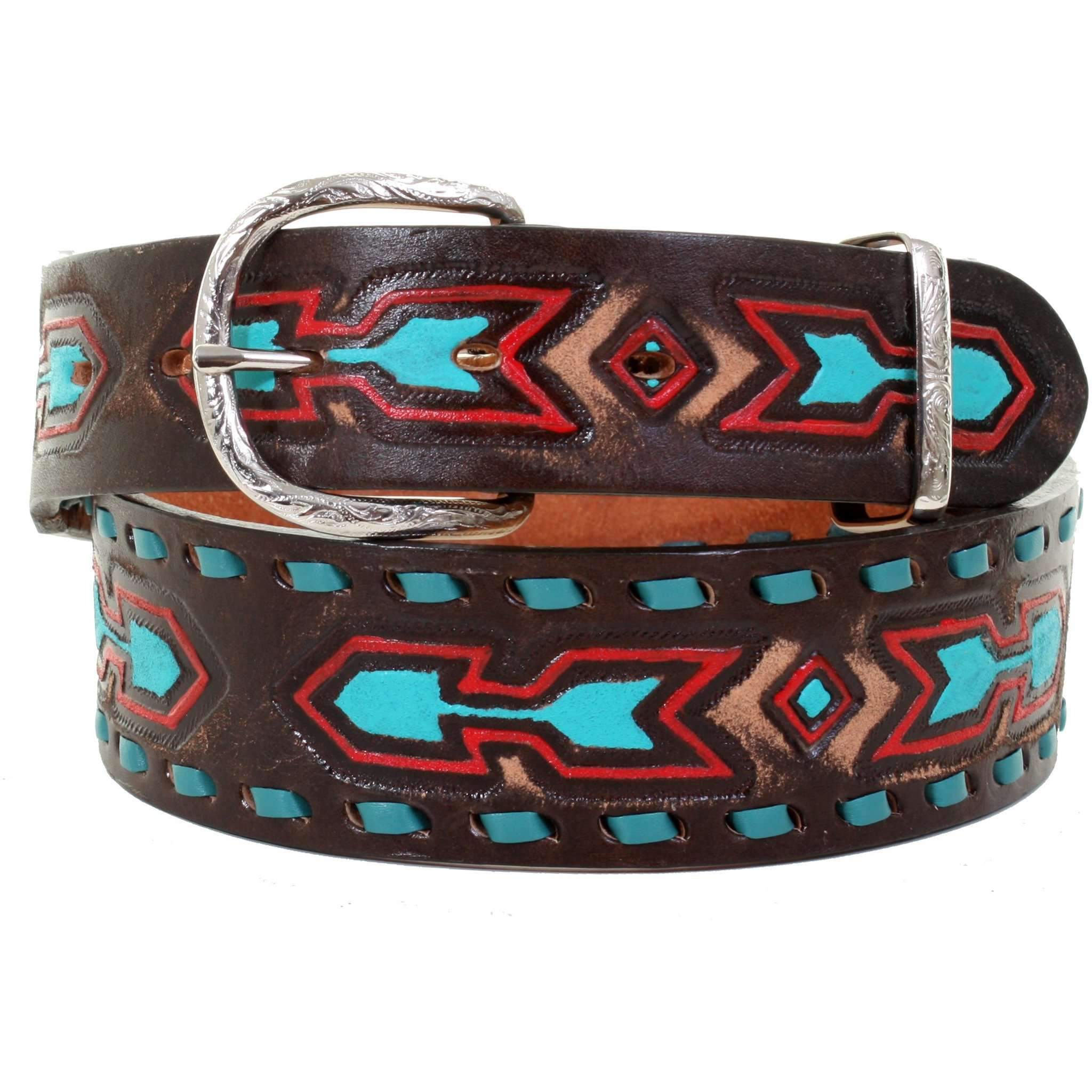 B989A - Brown Vintage Tooled Belt Belt