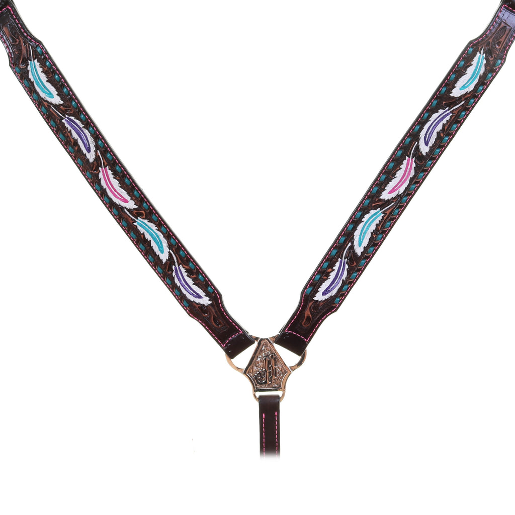 Bc1037 - Brown Vintage Feather Tooled Breast Collar Tack