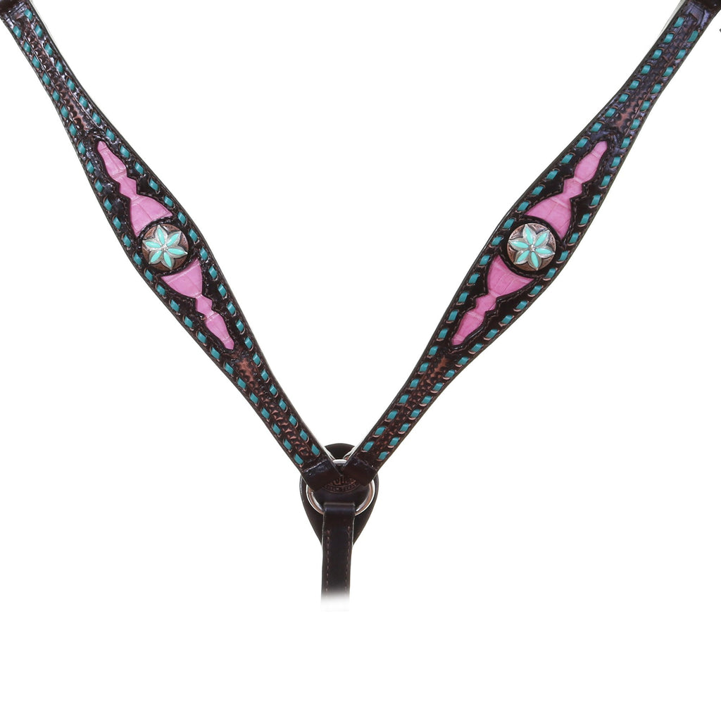 Bc1056 - Brown Vintage Pink Gator Print Inlay Breast Collar Tack
