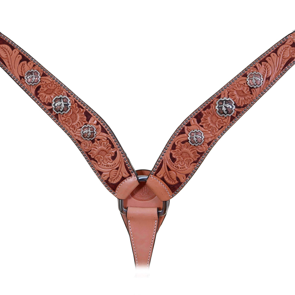 Bc135A - Natural Leather Floral Tooled Breast Collar Tack