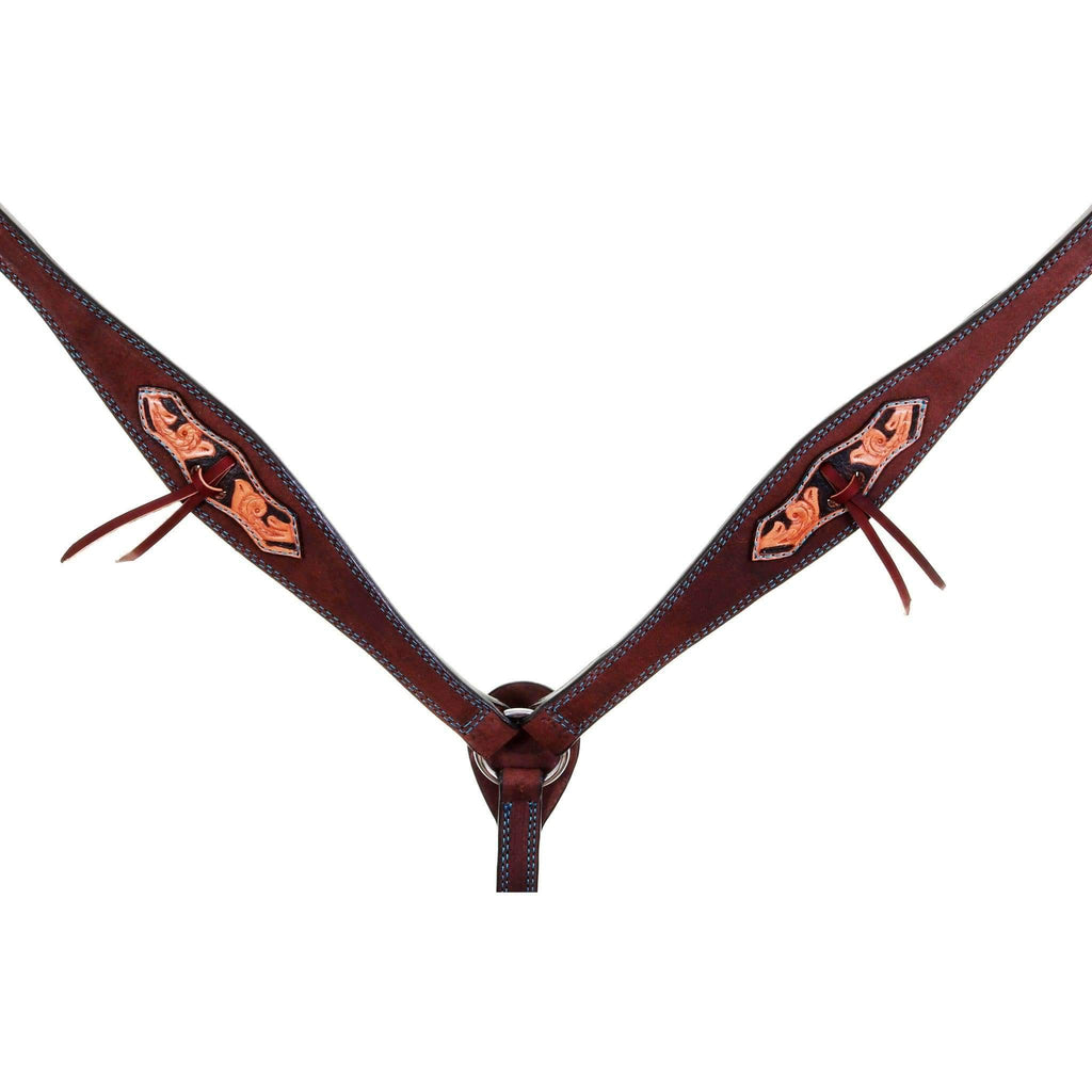 Bc980 - Brown Rough Out Tooled Overlay Breast Collar Tack